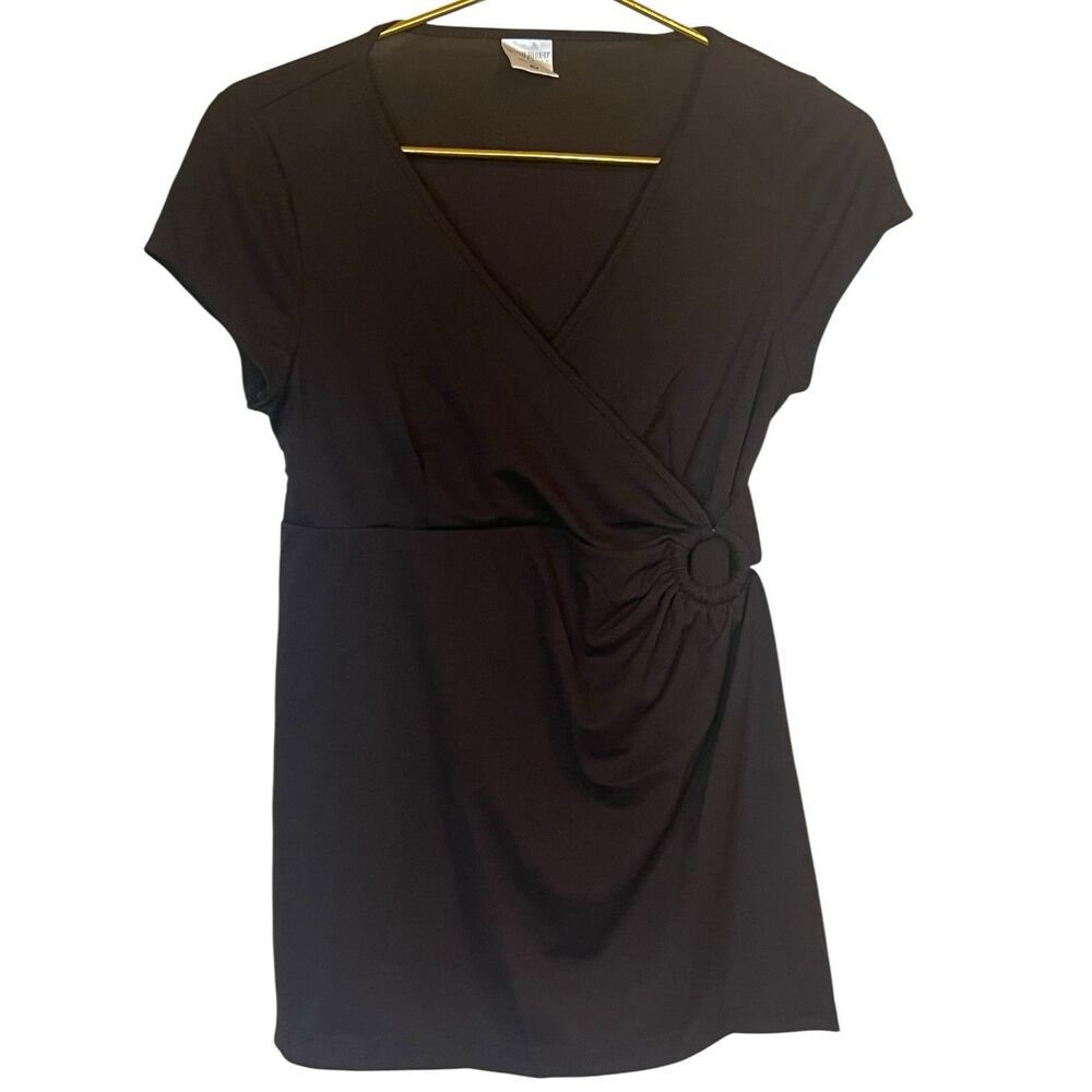 Maternity Wrap Top Size M Faux Ring Detail Empire Short Sleeve Brown Knit shirt